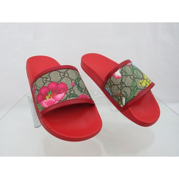 GUCCI 602096 GG SUPREME BLUM RED LEATHER CANVAS FLORAL SANDALS SLIDES 35 US 5 - Picture 6 of 12